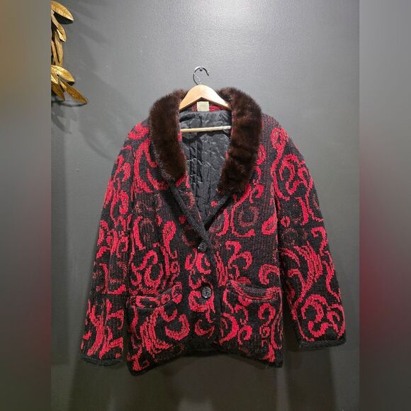 Vintage Jackets & Blazers - Vtg Red Black Gold Shimmer Coatigan Quilted Lined Cardigan Blazer Fur Collar